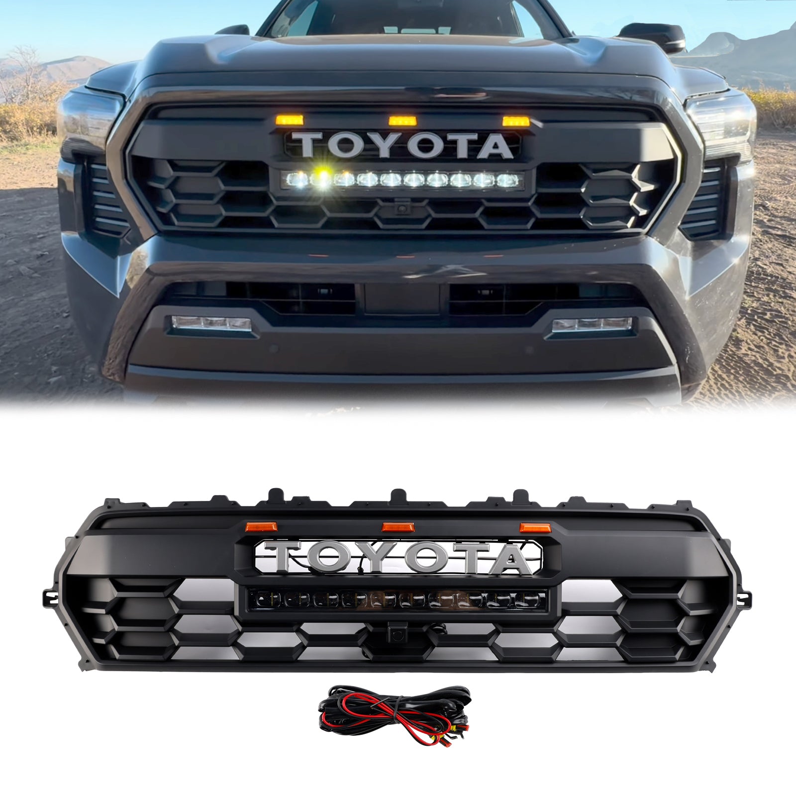 Toyota 2024-2025 Tacoma Trd Pro Front Front Palel Black Honeycomb + Lumière LED + barre lumineuse + lettre
