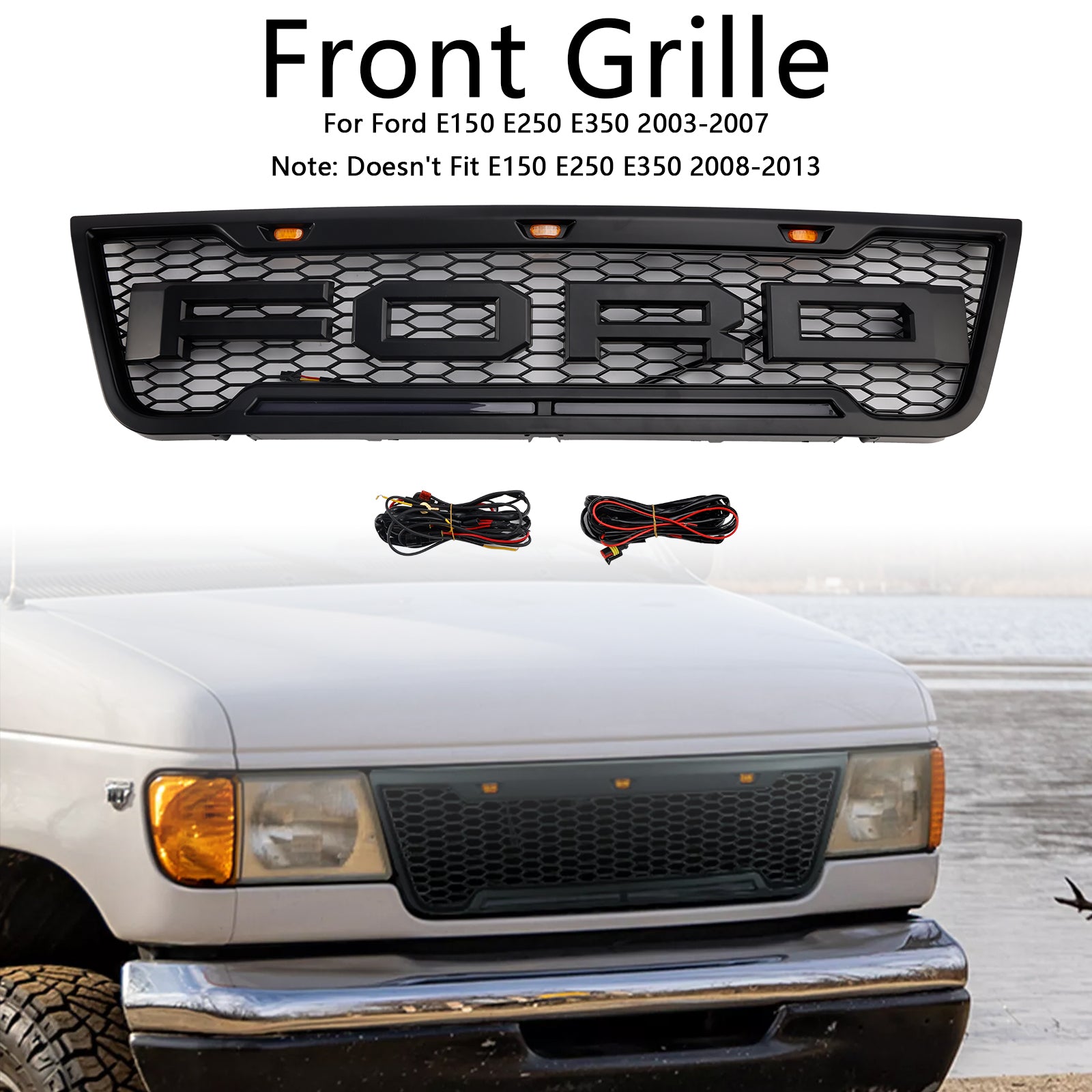 Ford E150 E250 E350 Honeycomb Style Grill 2003-2007 Front Bumper Center Replacement Black Grille + LED Light