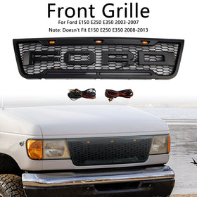 Ford E150 E250 E350 Honeycomb Style Grill 2003-2007 Front Bumper Center Substituição Grade Preta + Luz LED