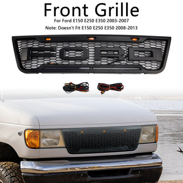 Ford E150 E250 E350 Honeycomb Style Grill 2003-2007 Front Bumper Center Substituição Grade Preta + Luz LED