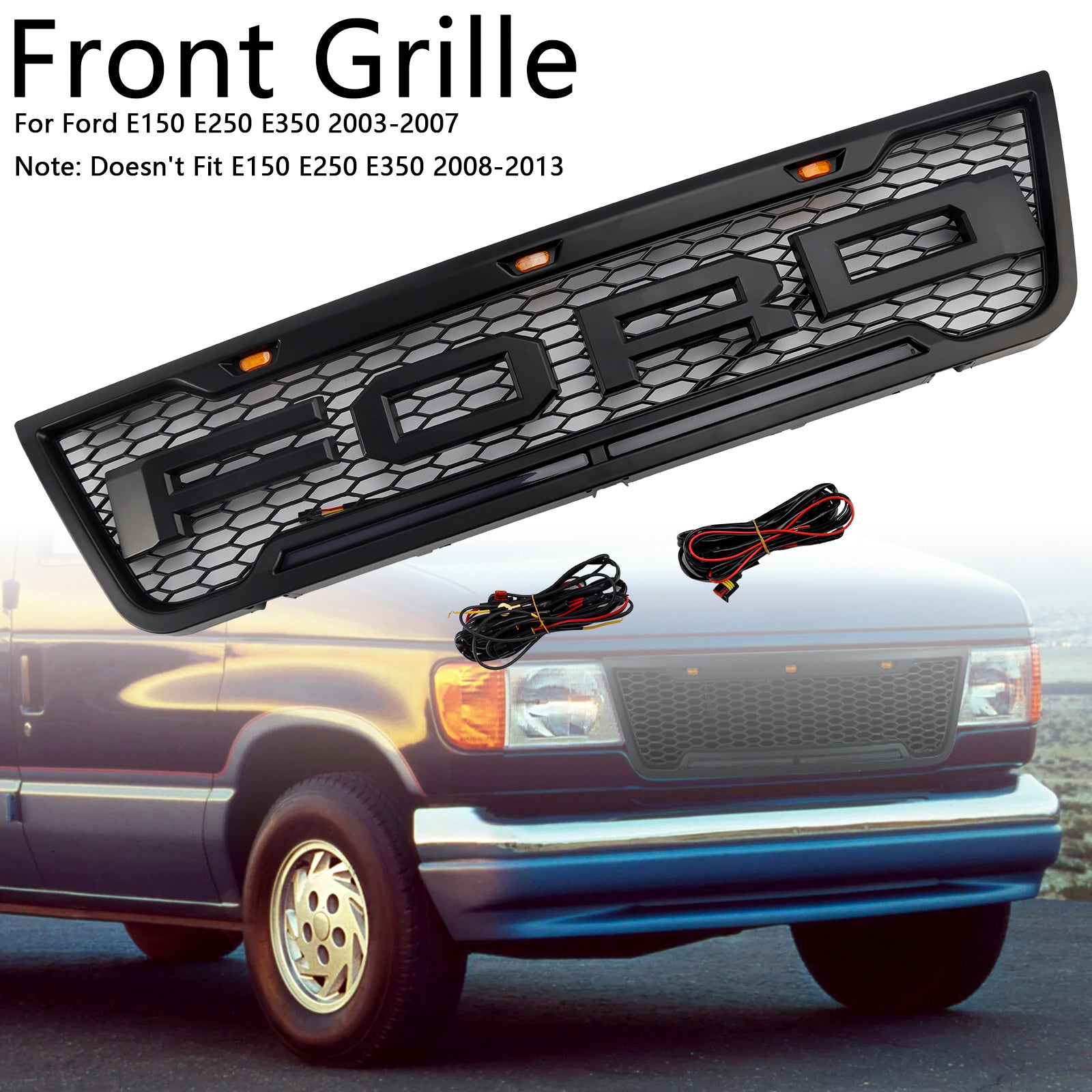 Ford E150 E250 E350 2003 2004 2005 2006 2007 Front Grille Black Air Intake Radiator Bumper Grill With LED & Letter