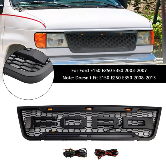 Ford E150 E250 E350 2003 2004 2005 2006 2007 Front Grille Black Air Intake Radiator Bumper Grill With LED & Letter