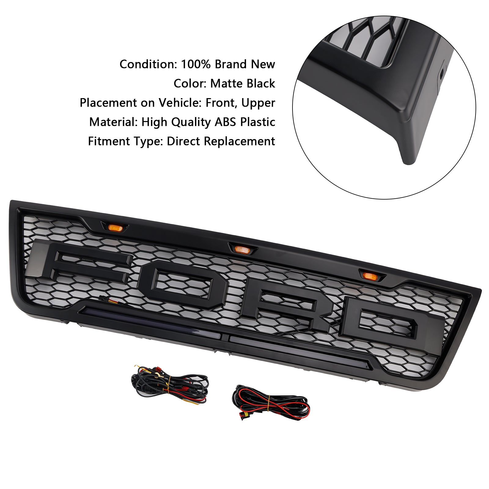 Ford E150 E250 E350 Honeycomb Style Grill 2003-2007 Front Bumper Center Replacement Black Grille + LED Light