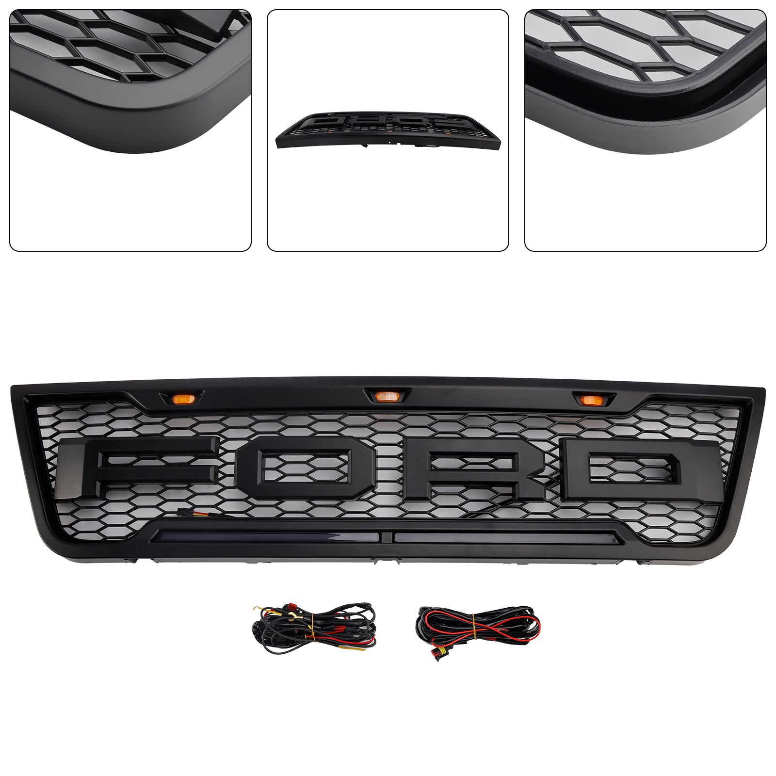 Ford E150 E250 E350 Honeycomb Style Grill 2003-2007 Front Bumper Center Replacement Black Grille + LED Light