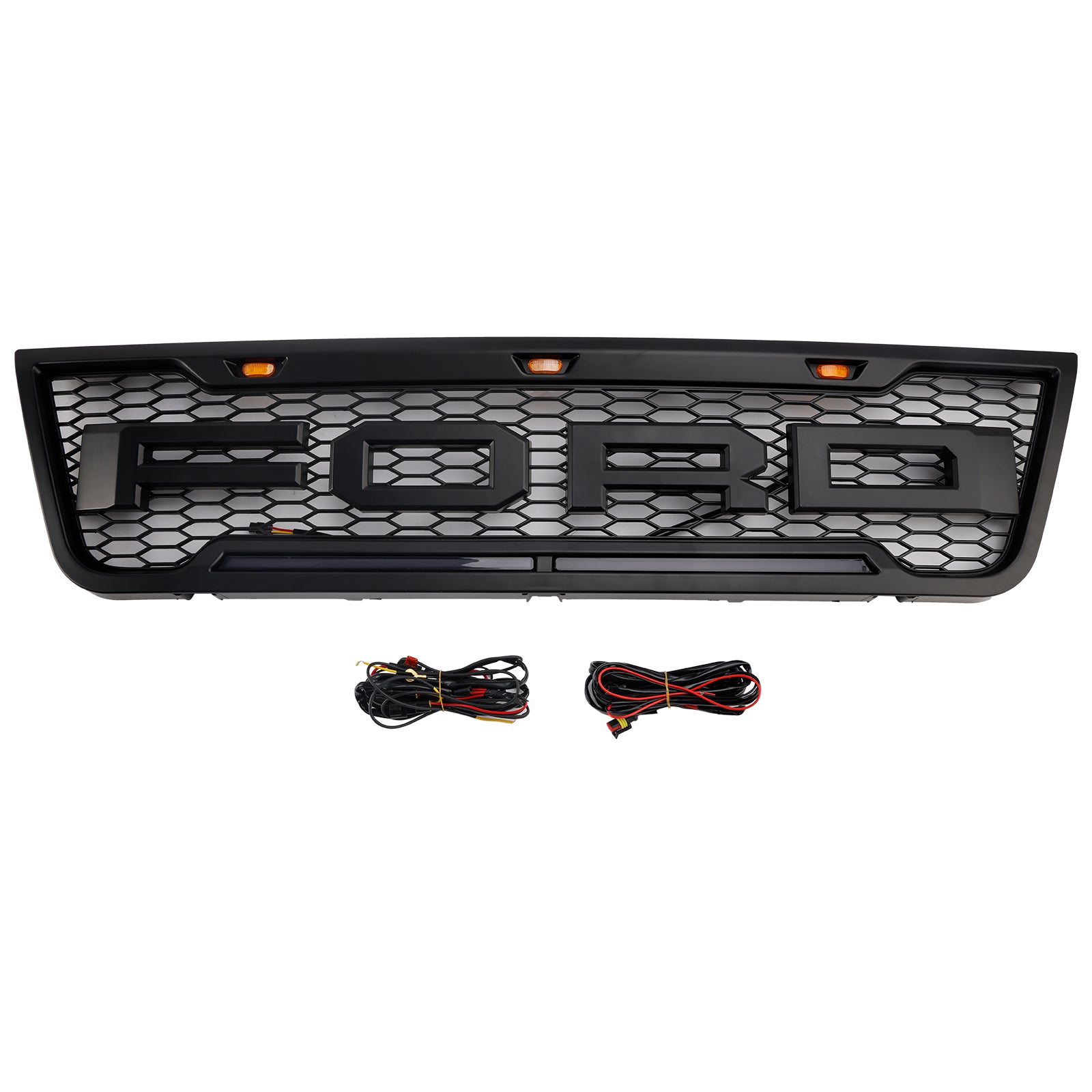 Ford E150 E250 E350 Honeycomb Style Grill 2003-2007 Front Bumper Center Replacement Black Grille + LED Light