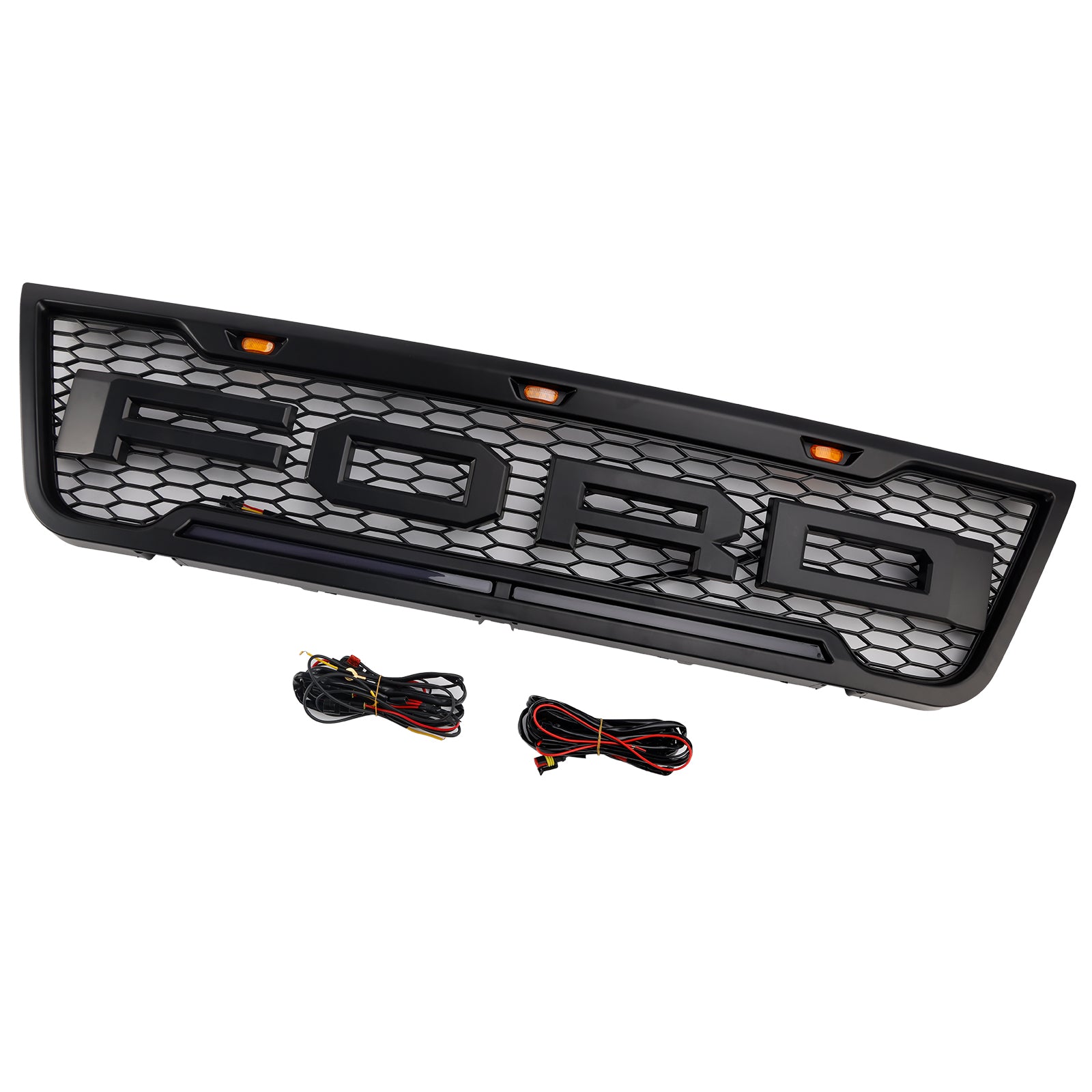 Ford E150 E250 E350 Honeycomb Style Grill 2003-2007 Front Bumper Center Replacement Black Grille + LED Light