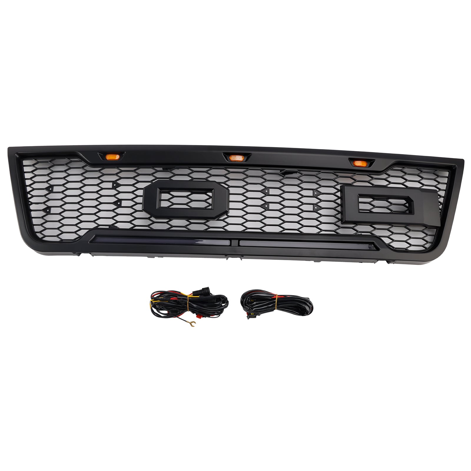 Ford E150 E250 E350 Honeycomb Style Grill 2003-2007 Front Bumper Center Replacement Black Grille + LED Light