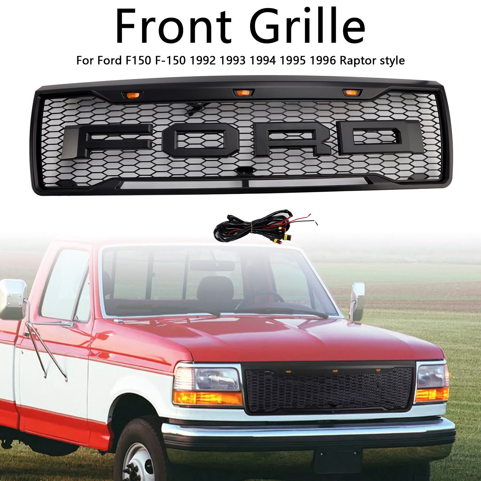 Grille de pare-chocs avant noire mate de style Ford F150 Raptor 1992-1996 avec éclairage LED