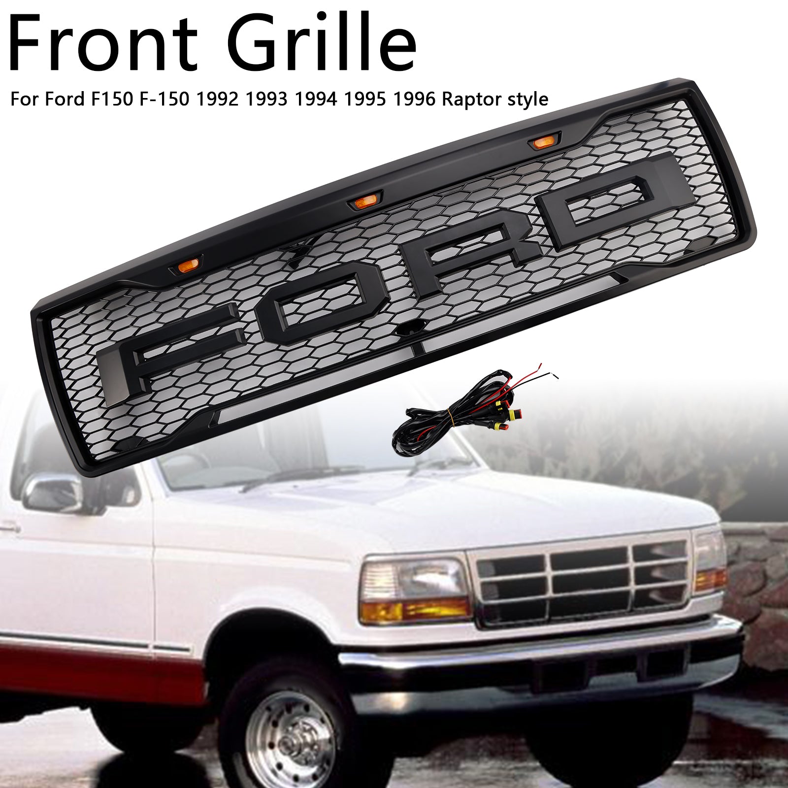 1992-1996 Ford F150 Raptor Style Grill Matte Black Front Bumper Grille W/ LED Light