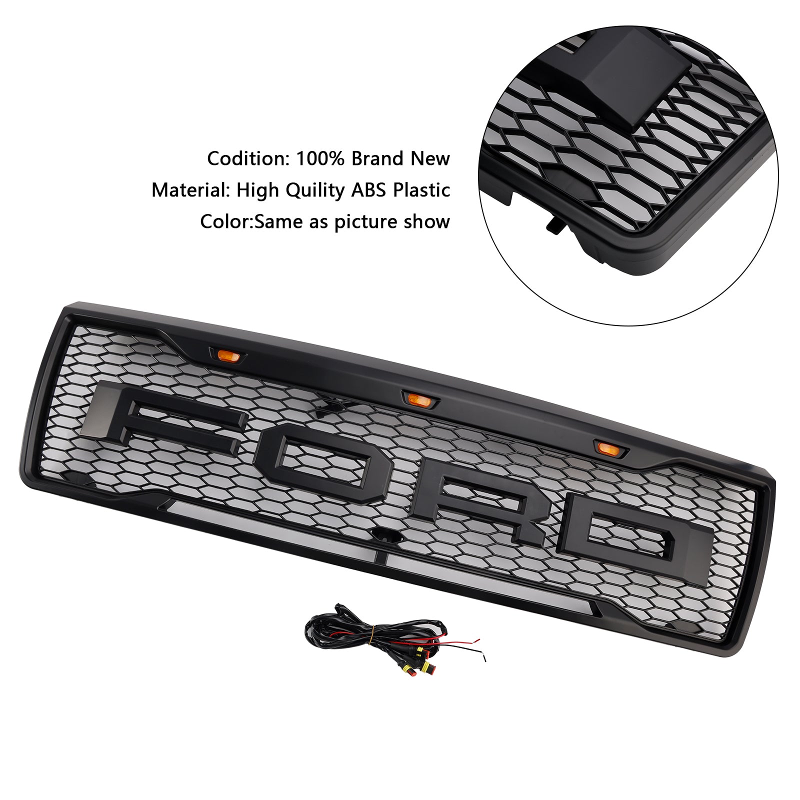 Calandre avant Ford F150 1992-1996 Radiateur d'admission d'air Pare-chocs noir en nid d'abeille Grille Raptor avec lumière LED et lettre