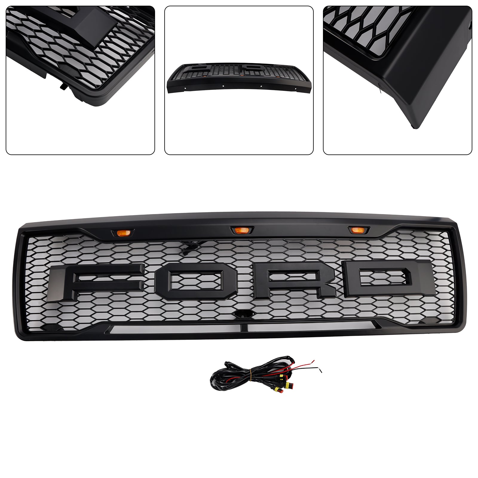 Calandre avant Ford F150 1992-1996 Radiateur d'admission d'air Pare-chocs noir en nid d'abeille Grille Raptor avec lumière LED et lettre