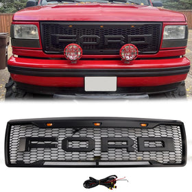 Parrilla estilo Raptor Ford F150 1992-1996 Parrilla de parachoques delantero negro mate con luz LED