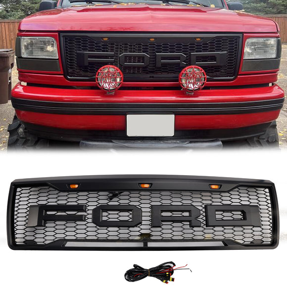 Griglia per paraurti anteriore nera opaca Ford F150 Raptor 1992-1996 con luce a LED
