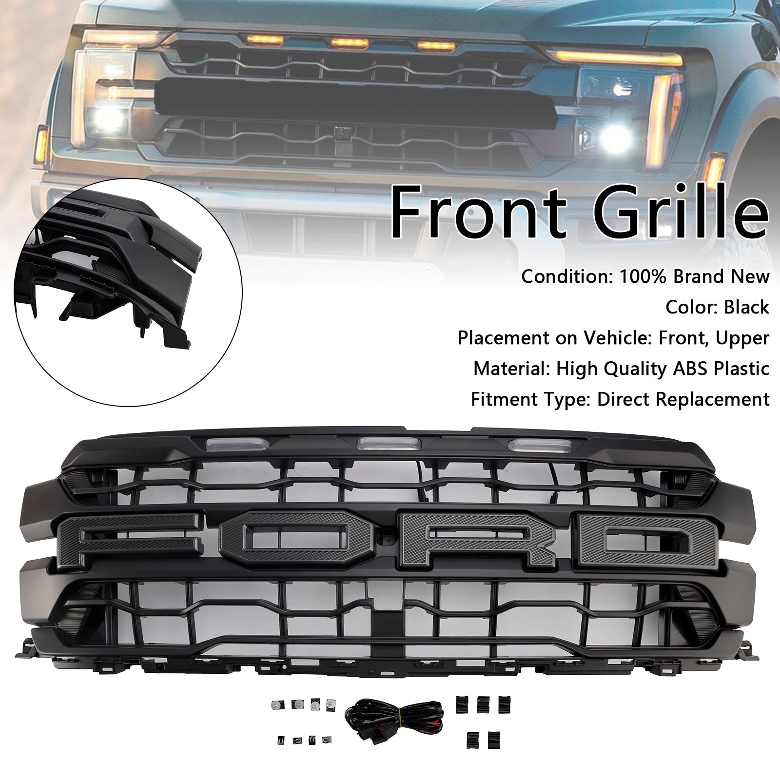 Grille avant noire pour pare-chocs de radiateur d'admission d'air Ford F150 Raptor 2024+ avec lettre + LED