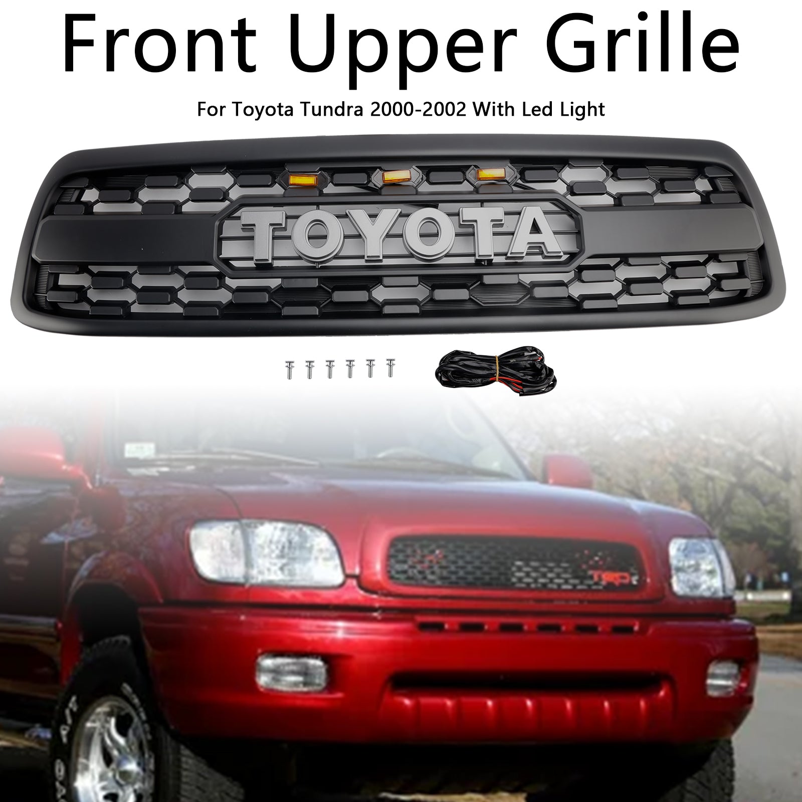 Grille de remplacement en nid d'abeille avant noire avec lettre pour Toyota Tundra 2000 2001 2002 TRD PRO