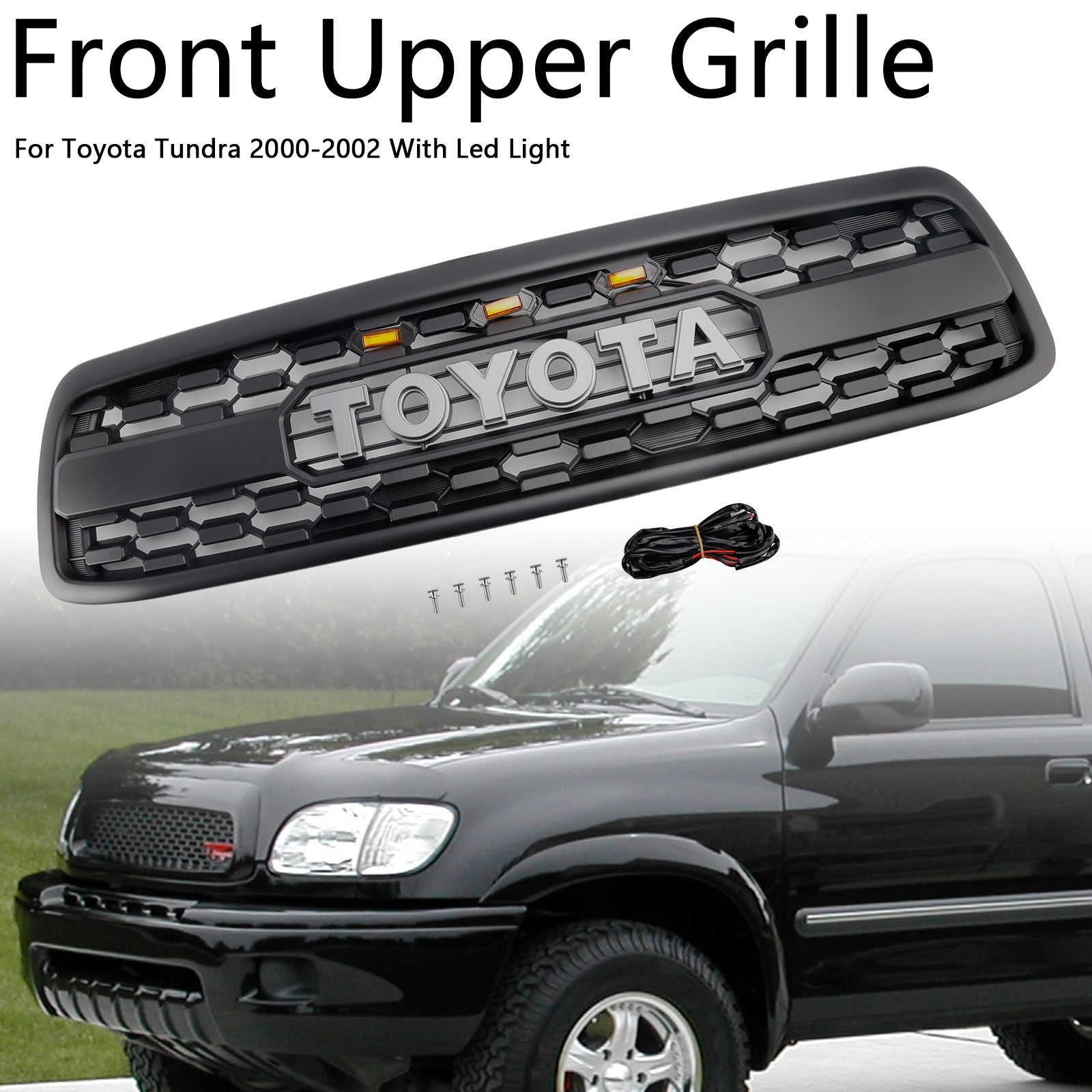 Parrilla delantera negra mate para Toyota Tundra 2000-2002, rejilla de parachoques delantero estilo TRD PRO con LED