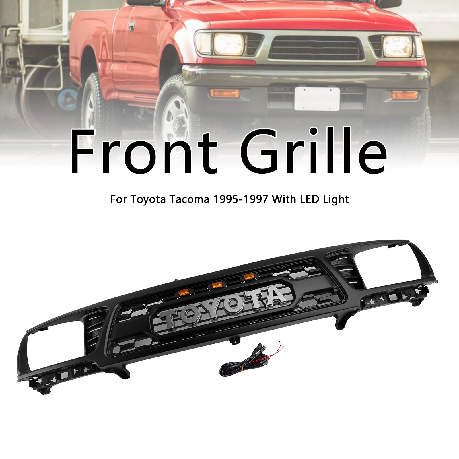 TRD PRO Style | Toyota Tacoma | 1995-1997 | Black Grill | Front Replacement Grille With LED Light