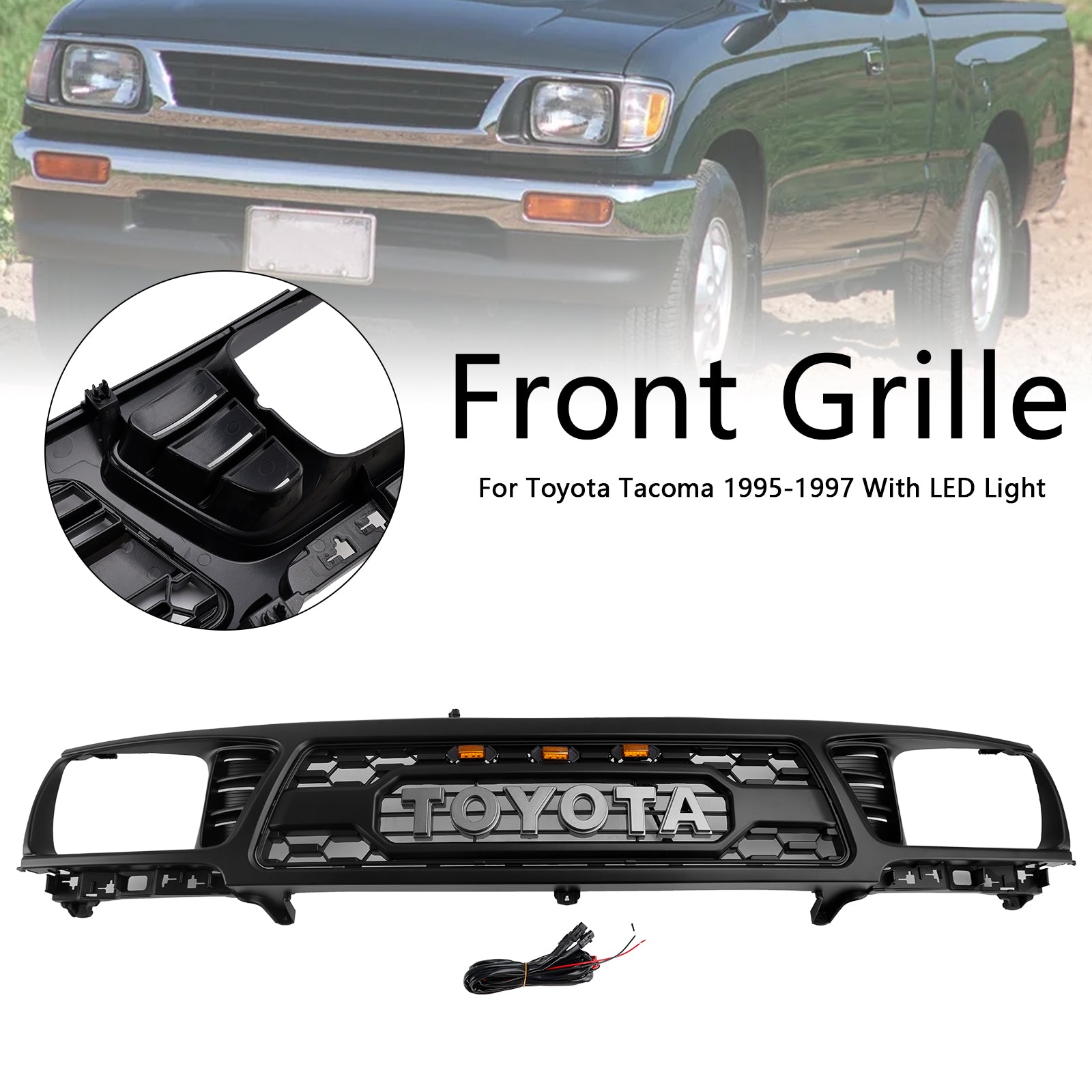 Estilo TRD PRO | Toyota Tacoma | 1995-1997 | Parrilla negra | Parrilla delantera de repuesto con luz LED