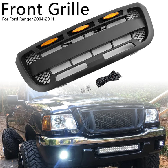 For Ford Ranger 2004-2011 Black Grille Front Center Bumper Raptor Grill + LED Light