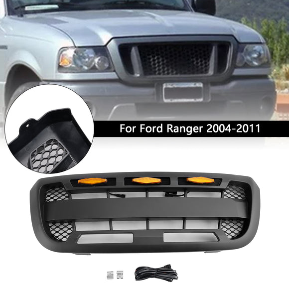 For Ford Ranger 2004-2011 Black Grille Front Center Bumper Raptor Grill + LED Light