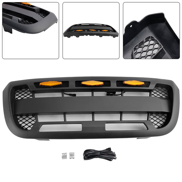 2004-2011 Ford Ranger Raptor Style Grill Front Bumper Matte Black Grille W/ LED Light & FORD Letter