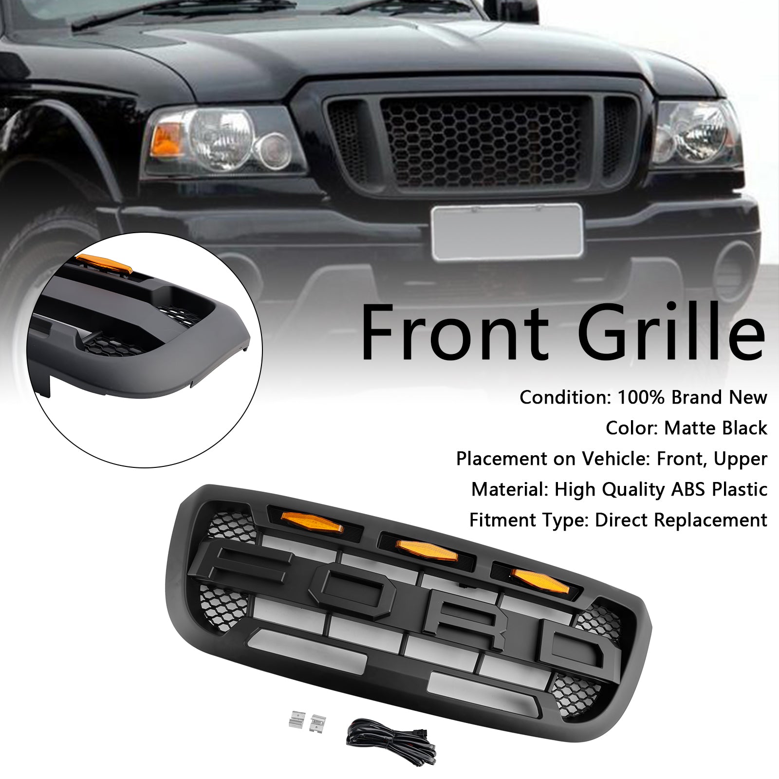 Grille de radiateur d'admission d'air avant Ford Ranger 2004-2011 Raptor Grille de remplacement noire avec LED