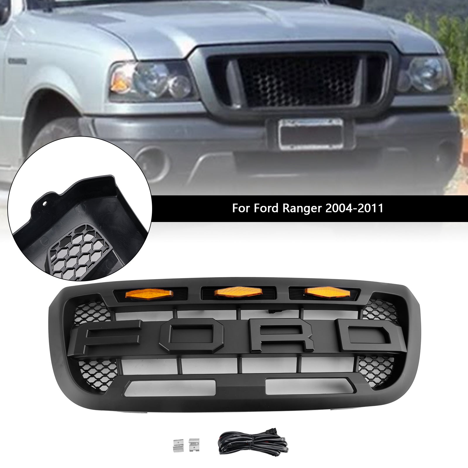 Grille de pare-chocs avant de style Ford Ranger Raptor 2004-2011, calandre noire mate avec éclairage LED