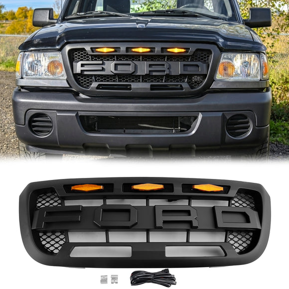 2004-2011 Ford Ranger Raptor Style Grill Front Bumper Matte Black Grille W/ LED Light