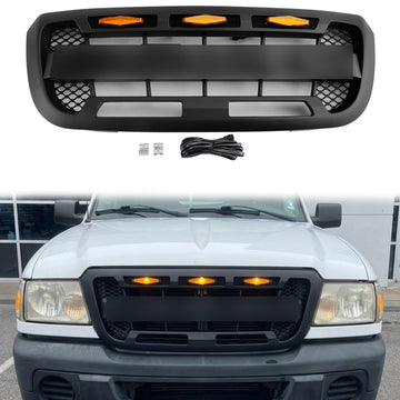 For Ford Ranger 2004-2011 Black Grille Front Center Bumper Raptor Grill + LED Light + FORD Letter