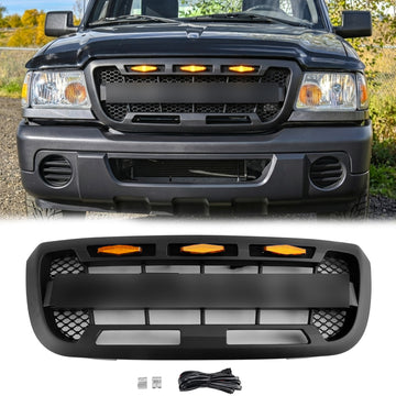 2004-2011 Ford Ranger Raptor Style Grill Front Bumper Matte Black Grille W/ LED Light & FORD Letter