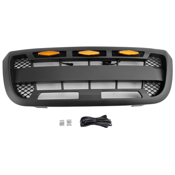 For Ford Ranger 2004-2011 Black Grille Front Center Bumper Raptor Grill + LED Light