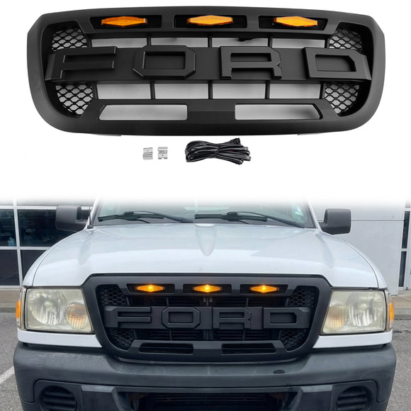 2004-2011 Ford Ranger Raptor Style Grill Front Bumper Matte Black Grille W/ LED Light