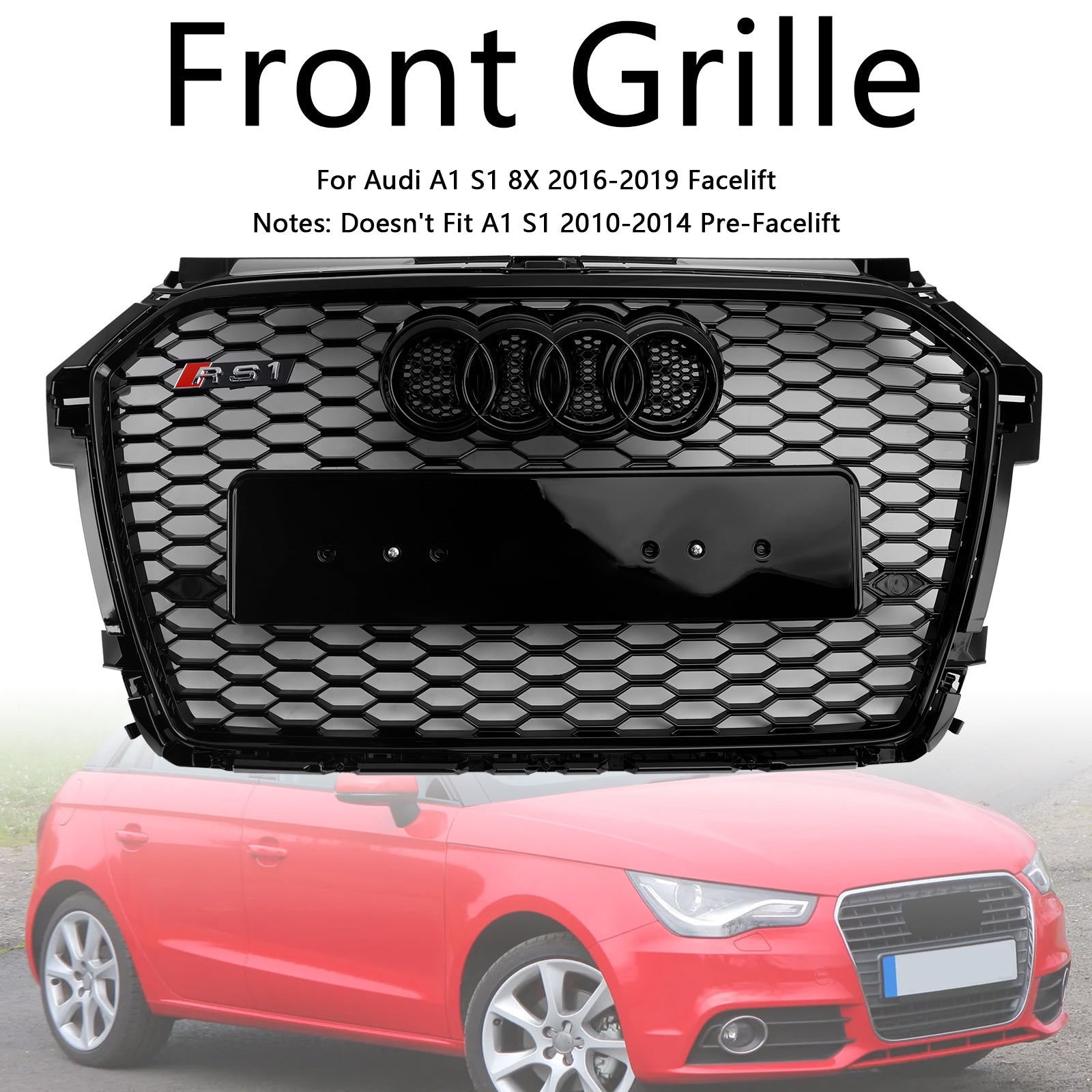 2016-2019 Audi A1 / S1 8X RS Style Grille Front Bumper Honeycomb Mesh Glossy Black Grille