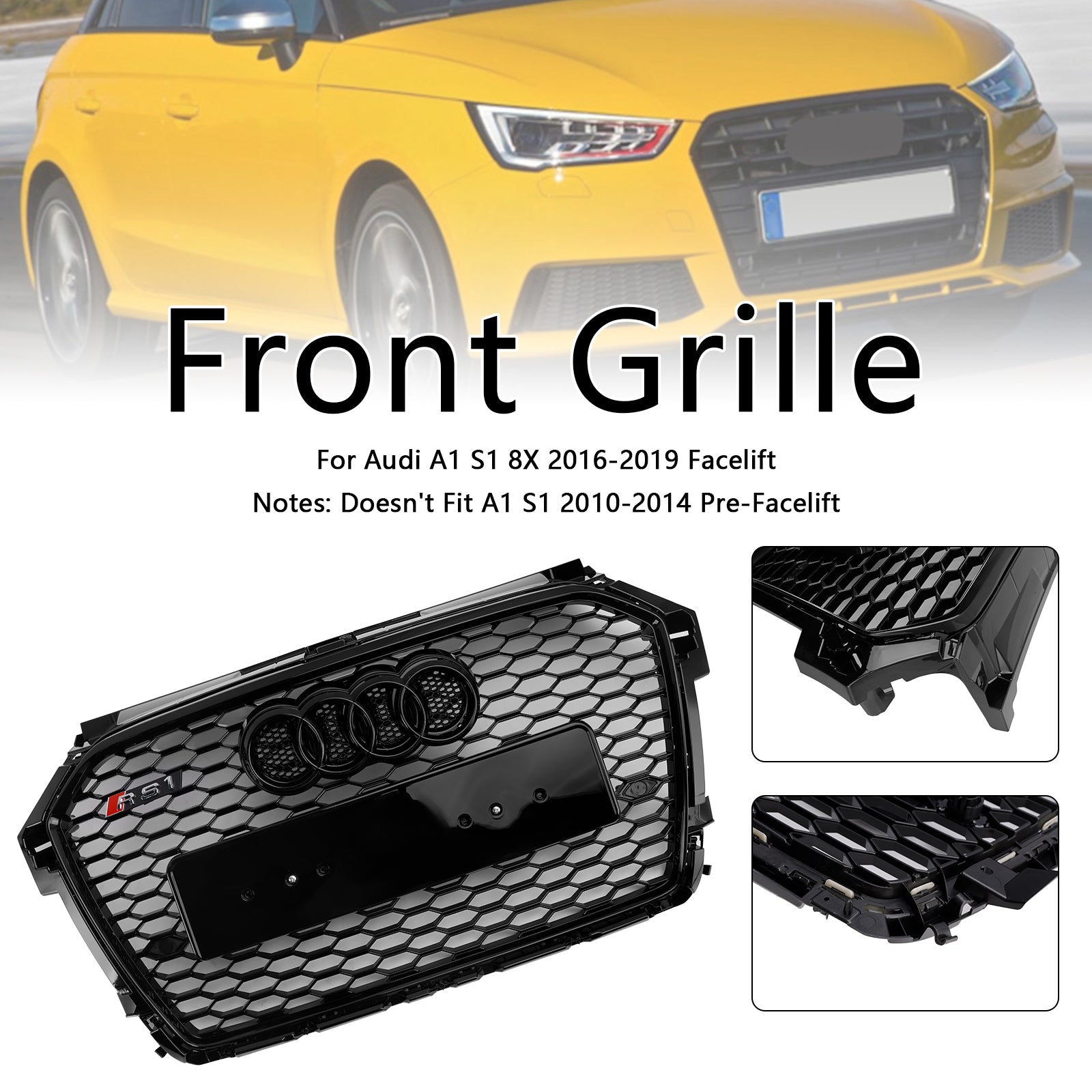 Audi A1 / A1 Sline / S1 8X Sport RS Grille de calandre hexagonale noire brillante de remplacement avec emblème d'anneaux 2016-2019