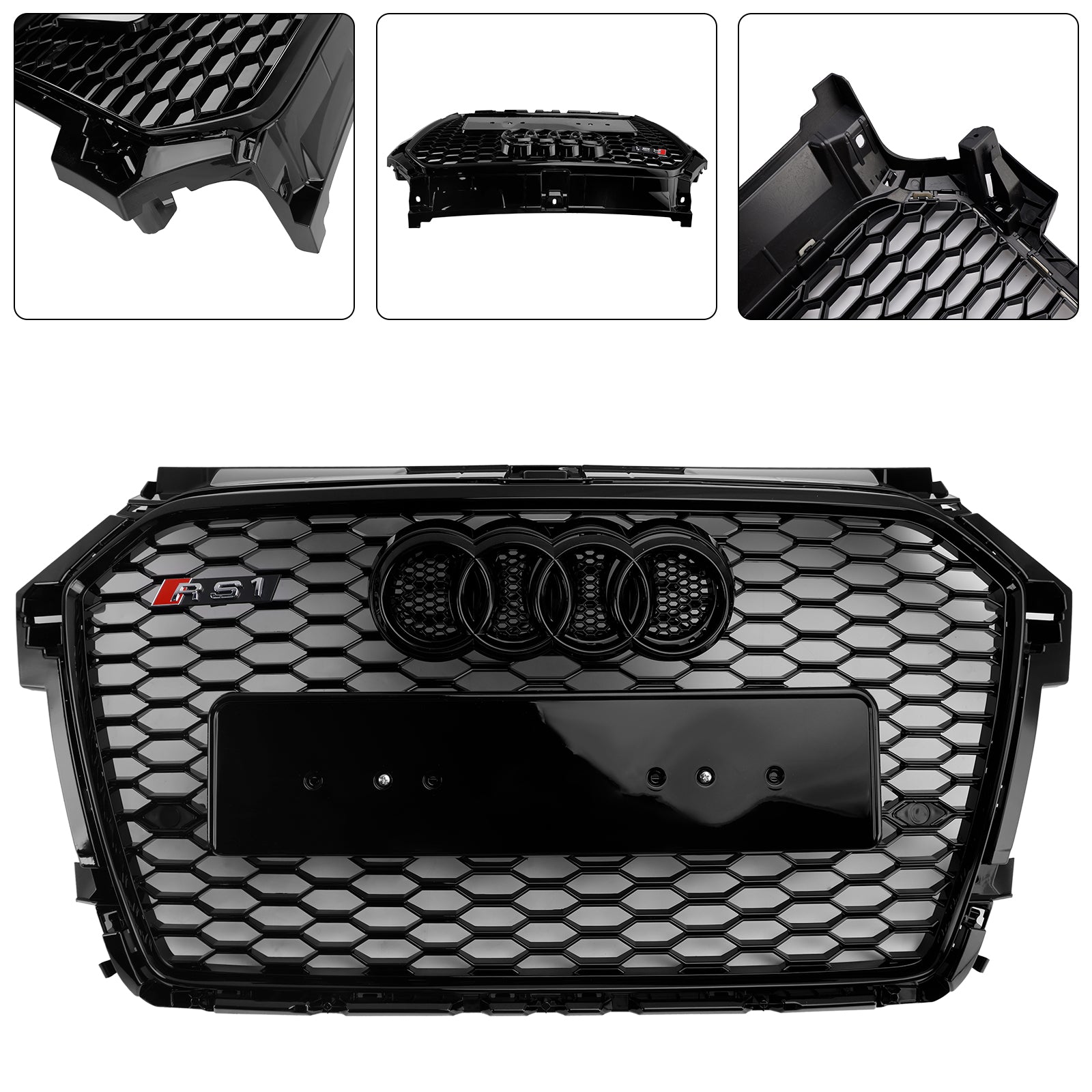 Audi A1 / A1 Sline / S1 8X Sport RS Grille de calandre hexagonale noire brillante de remplacement avec emblème d'anneaux 2016-2019