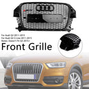 Parrilla estilo Audi Q3 RSQ3 2011-2014, parachoques delantero negro brillante, rejilla de malla de panal con emblema de anillo-4