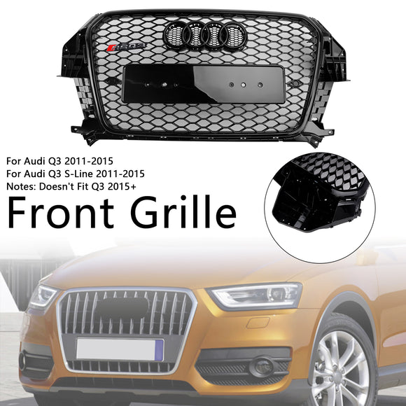 Parrilla estilo Audi Q3 RSQ3 2011-2014, parachoques delantero negro brillante, rejilla de malla de panal con emblema de anillo