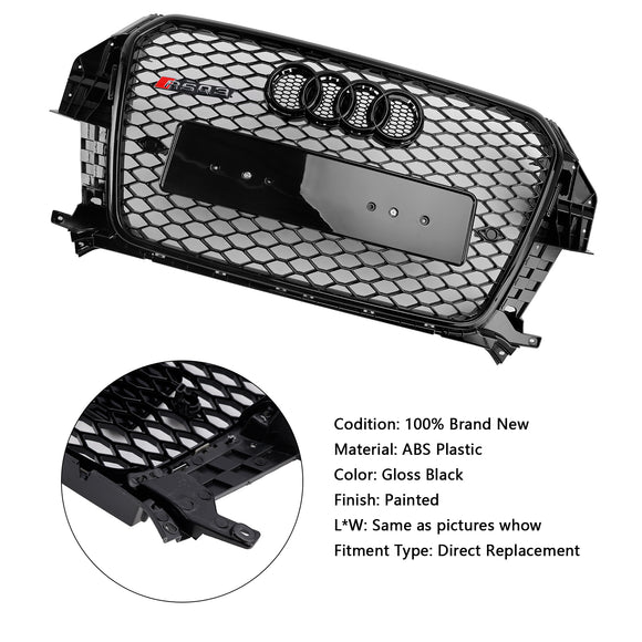 Parrilla estilo Audi Q3 RSQ3 2011-2014, parachoques delantero negro brillante, rejilla de malla de panal con emblema de anillo