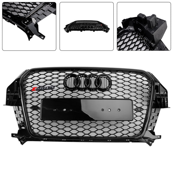 Parrilla estilo Audi Q3 RSQ3 2011-2014, parachoques delantero negro brillante, rejilla de malla de panal con emblema de anillo