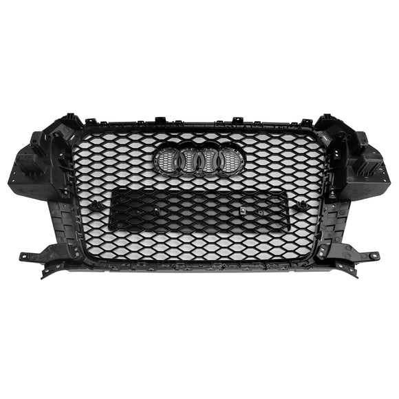 Parrilla estilo Audi Q3 RSQ3 2011-2014, parachoques delantero negro brillante, rejilla de malla de panal con emblema de anillo