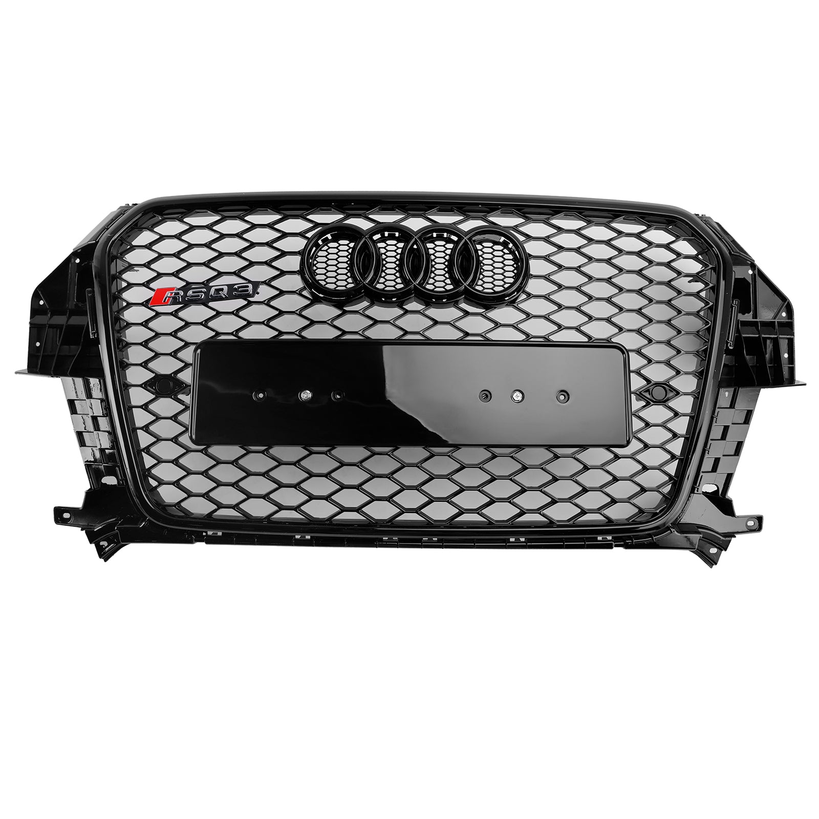 Parrilla delantera estilo Audi Q3 / Q3 Sline RSQ3 2011-2015, color negro brillante, rejilla de malla tipo panal con emblema de anillo