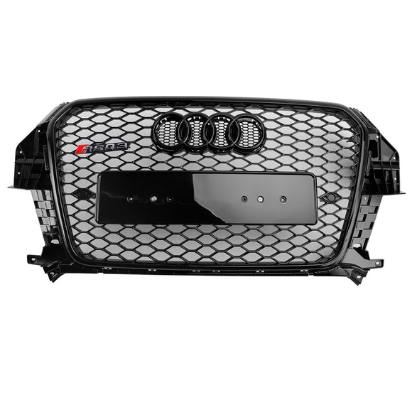 Parrilla estilo Audi Q3 RSQ3 2011-2014, parachoques delantero negro brillante, rejilla de malla de panal con emblema de anillo