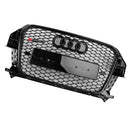 Parrilla estilo Audi Q3 RSQ3 2011-2014, parachoques delantero negro brillante, rejilla de malla de panal con emblema de anillo-13