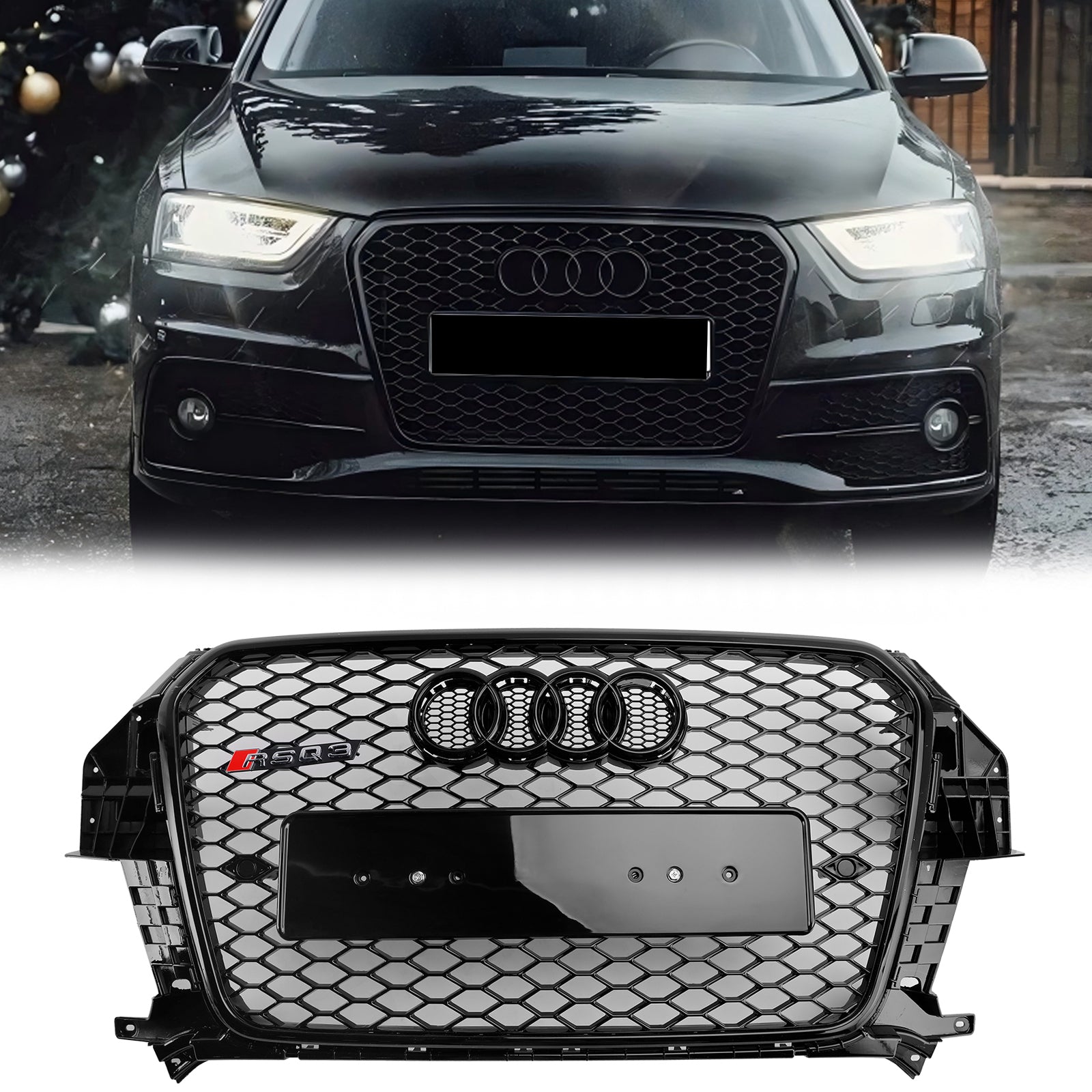 2011-2015 Audi Q3 / Q3 Sline RSQ3 Style Grille Gloss Black Front Bumper Honeycomb Mesh Grille With Ring Emblem