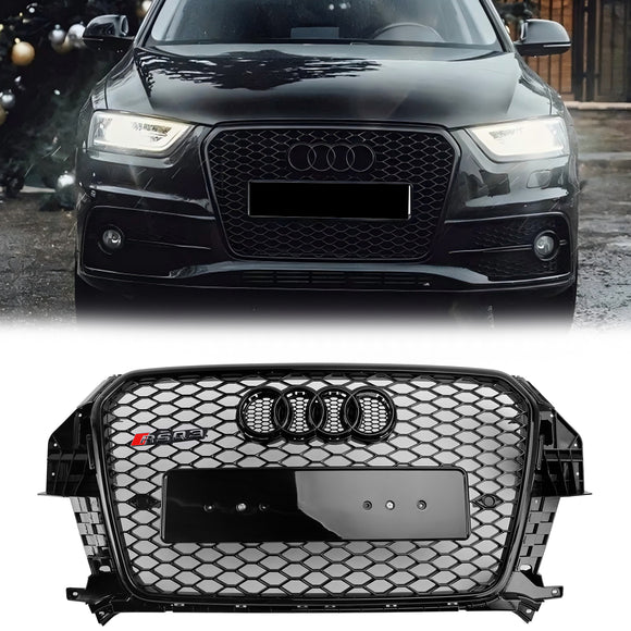 Parrilla estilo Audi Q3 RSQ3 2011-2014, parachoques delantero negro brillante, rejilla de malla de panal con emblema de anillo