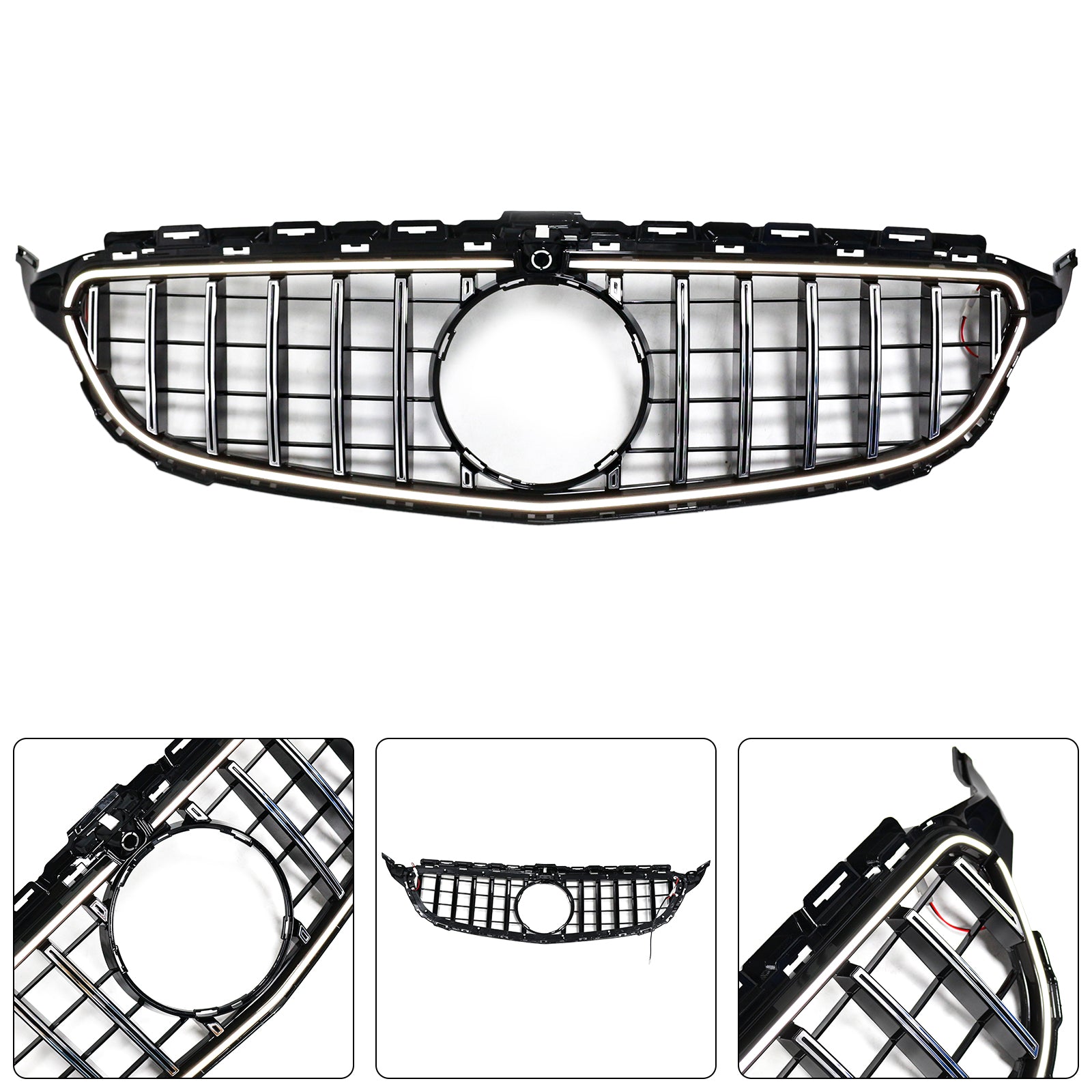 Mercedes Benz C-Class W205 GTR Panamericana Grille 2015-2021 Front Bumper Black / Chrome Grill With LED Strip Light