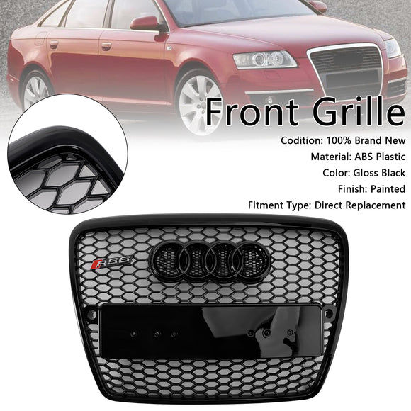 2004-2008 Audi A6 C6 Honeycomb Grill Front Bumper RS Style Black Grille With Ring Emblem