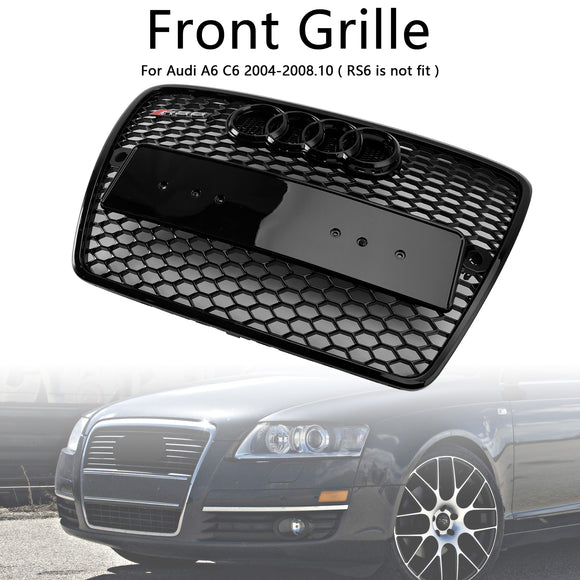 2004-2008 Audi A6 C6 Honeycomb Grill Front Bumper RS Style Black Grille With Ring Emblem