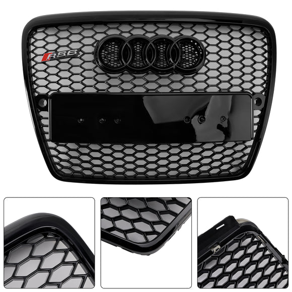 2004-2008 Audi A6 C6 Honeycomb Grill Front Bumper RS Style Black Grille With Ring Emblem