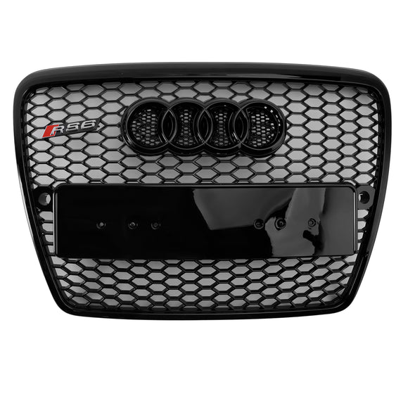 2004-2008 Audi A6 C6 Honeycomb Grill Front Bumper RS Style Black Grille With Ring Emblem